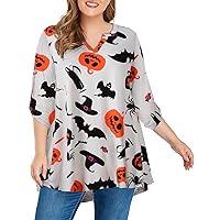 MONNURO Women's 3/4 Sleeve V Neck Plus Size Shirts Casual Loose Swing Floral Print Fall Tunic Tops