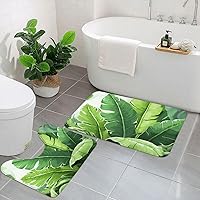 Cute Banana Leaves Bathroom Rugs Set 2 Piece Soft Absorbent Microfiber Bath Rug and U-Shaped Toilet Rug Non Slip Bath Mats for Bathroom Floor Mats