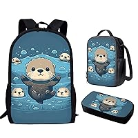 Kids Otter Backpack Set Girls Elementary School Bag with Lunch Box,Student Book Bag Reusable Insulated Lunchbox Pencil Case,Primary Junior High School Bookbag