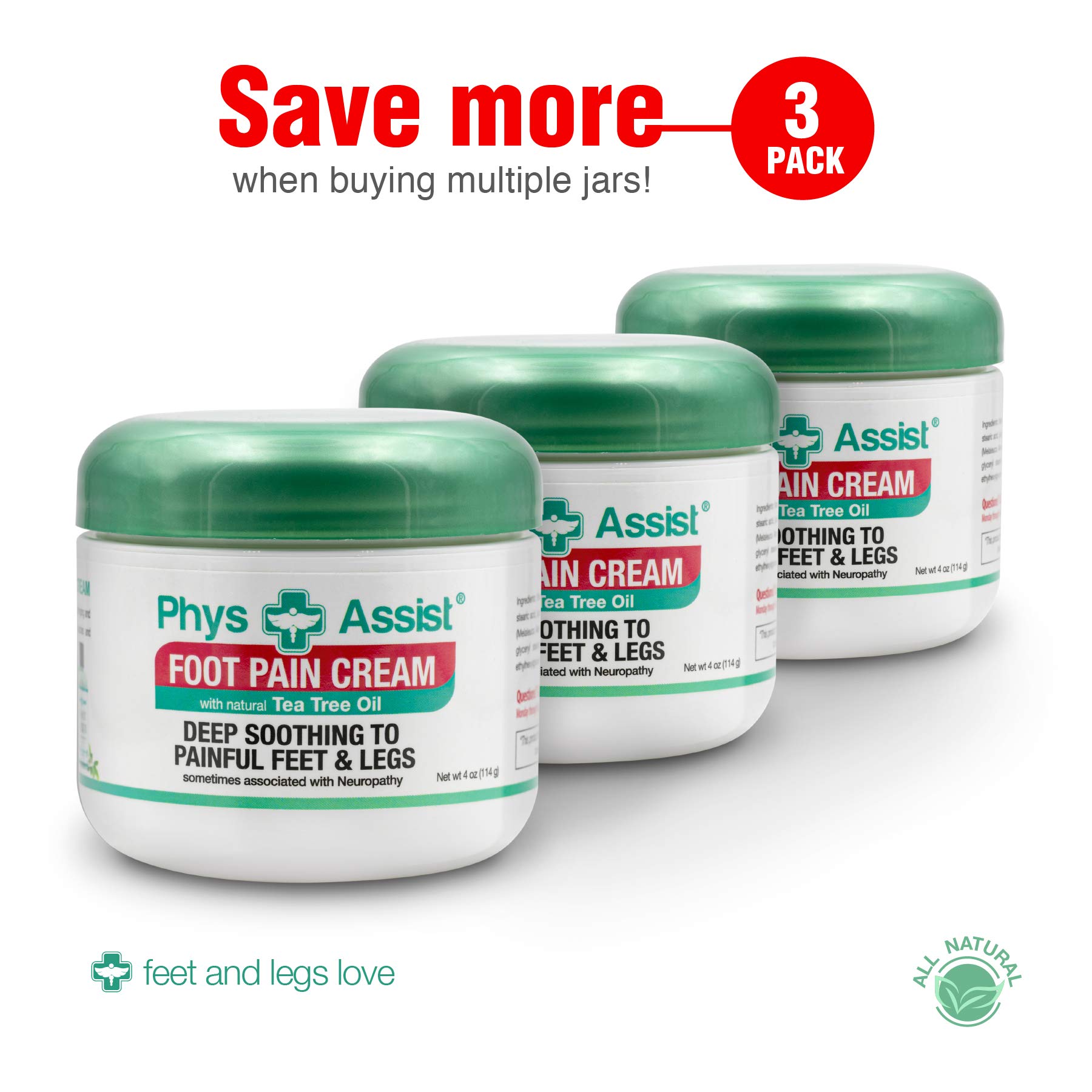 PhysAssist Foot Pain Cream (Three - 4 oz jars) Soothing to feet and Legs.