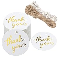 G2PLUS Thank You Tags, 2'' Round Thank You Tags, High-end White Gold Thank You Tags, 100PCS Thank You Gift Tags with String for Arts and Craft, Gift Wrapping, Gift Bags, Party Favors