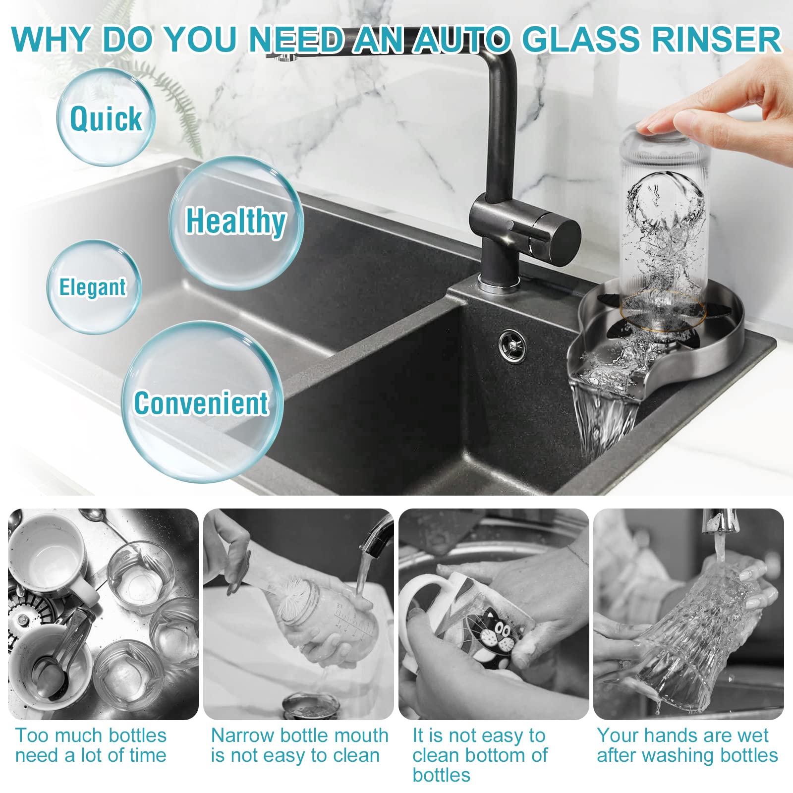 CIUOOAK Glass Rinser for Kitchen Sink, Stainless Steel Baby Bottle Washer Kitchen Sink Accessories, Automatic Flushing Metal Cup Washer