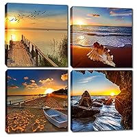 Beach Wall Decor Seascape Painting - 4 panel Framed Sunrise Canvas Wall Art Blue Yellow Red Ocean Sea Theme Conch Bridge Nautical Landscape Wall Decoration for Home Office 12x12inch Ready to Hang