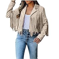 Womens Casual Vintage Cropped Jacket Cowboy Style Long Sleeve Fringe Coat Faux Suede Leather Motorcycle Jackets Tops