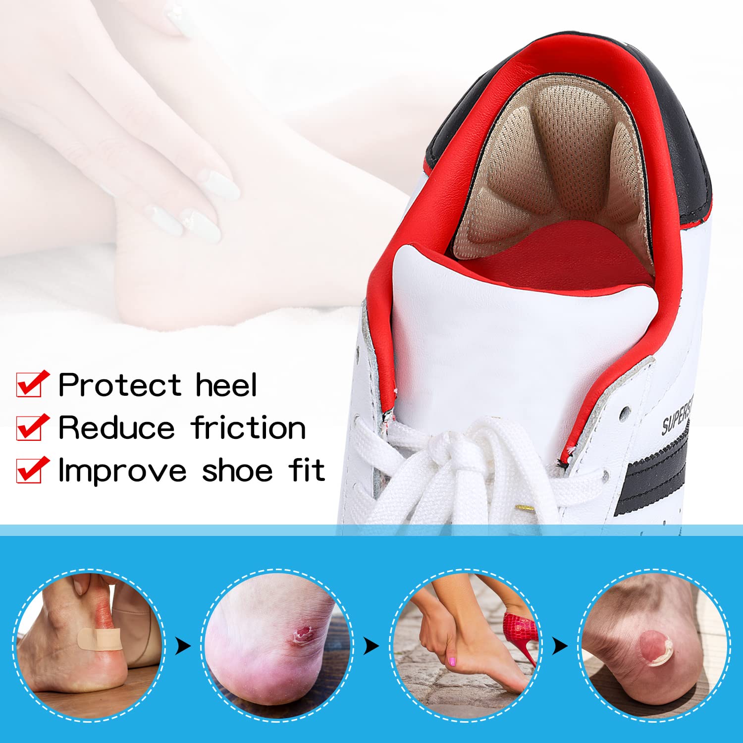 Huethy Back of Heel Cushion Inserts, Mesh Grips Pads for Boots, Loose Shoes Too Big, Reusable Adhesive Heel Guards Liners for Women Men, Improve Shoe Fit, 4PCS-Beige