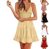 Dresses for Women 2024 Tiered V Neck Skater Lace Mini Dress Plus Size Spaghetti Straps Backless Sexy Short Sundress