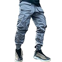 Andongnywell Men Elastic-Waist Drawstring Trousers Man Multi-Pocket Overalls Loose Straight Tube Outdoor Running Pants