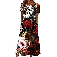 Casual Dresses Women's Trendy Elegant Summer Maxi Dress Crewneck Short Sleeve Print Loose Flowy Sundress with Pocket