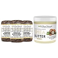 Bundle of World's First Crude Degummed African Ivory Shea Butter (8 oz) with a Pack of 3 African Black Soap Bars with Coconut Oil