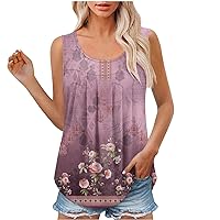 Women Vintage Floral Crewneck Pleated Flowy Tank Tops Summer Sleeveless Casual Loose Fit Tee Shirts for Going Out