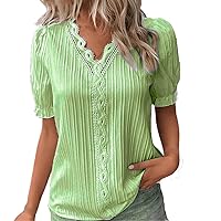 Plus Size Women Pleated Textured Lace Trim T-Shirts Summer Puff Short Sleeve V Neck Fashion Casual Solid Tee Tops