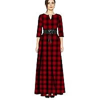 Andongnywell Women?s Plaid Checkered Dress Casual Empire Waist Tunic Dresses Maxi Dress with Belt Long Sleeve Dress