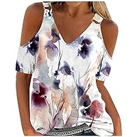 Tank Top for Women Floral Printed Short Sleeve V Neck Vest Elegant Travel Womens T-Shirts Loose Fit Graphic