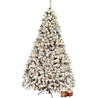 Renatone 6 FT Christmas Tree, Pre-Lit Artificial Xmas Tree, Snow Flocked Hinged Pine Tree w/Metal Stand, 250 LED Lights, 600 PVC Branch Tips, Idea for Indoor & Outdoor Decoration
