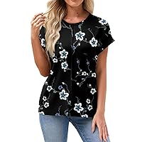 Boho Tops for Women 2024 Print Fashion Pretty Casual Loose Fit with Short Sleeve Round Neck Ruched Shirts