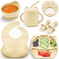 JEVASO Silicone Baby Feeding Set, Baby Led Weaning Supplies, Baby Self Feeding Essentials Suction Bowl Divided Plate Baby Bibs Spoons Forks Sippy Cup Teether, Toddler Utensil Sets for Newborn Gift
