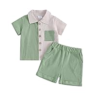 Engofs Baby Boy Clothes Toddler Summer Outfit Cotton Linen Color Block Short Sleeve Button Down Shirt Shorts Set