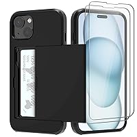 Compatible for iPhone 15 Case with Card Holder Heavy Duty Protective Wallet Case with [2 Pack] Screen Protector Shockproof Hidden Wallet for Men Women (Black, for iPhone 15（2 Lens）)
