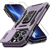 DEERLAMN for iPhone 13 Pro Case with Slide Camera Cover+Screen Protector(1 Pack),Rotated Ring Kickstand Military Grade Shockproof Protective Cover-Deep Purple