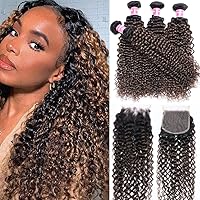 UNice Brown Highlight Deep Curly Human Hair Weave 3 Bundles with 4x4 Lace Closure Brazilian Remy Hair Ombre Dark Root Balayage Blonde Human Hair Extensions for Sew in Make Wigs FB30 Color 14 16 18+14 Closure