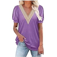 Summer Shirts for Women Crochet Eyelet Lace V Neck Blouses Tees Puff Short Sleeve Work Tops Casual Ladies Tshirts