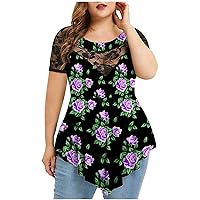 Plus Size Tops for Women, Women's 2024 Fashion Floral Print Tunic Shirts Casual Short Sleeve Lace V Neck Blouses for Leggings