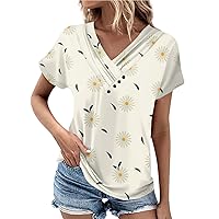 Women Going Out Tops Hope-Love Daisy Print T-Shirts V-Neck Pleated Button Shirts Causal Spring Tops for Women 2024