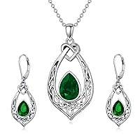 AOBOCO 925 Sterling Silver Celtic Knot Necklace and Earrings Jewelry Set with Emerald Green Crystal from Austria