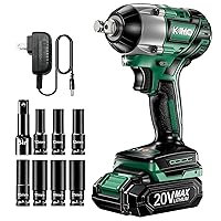KIMO Cordless Impact Wrench 1/2 Inch, Impact Wrench Kit w/Premium Brake Stop, 7 Sockets, 1/2 Impact Gun, Brushless High Torque Impact Driver with 350 ft-lbs (475N.m) & 3000 RPM and Battery & Charger