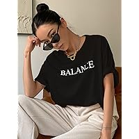 Women's Tops Shirts Sexy Tops for Women Letter Print Drop Shoulder Tee Shirts for Women (Color : Black, Size : Medium)
