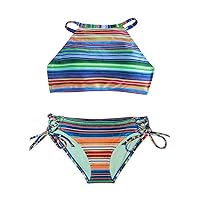 Multi Color Girls 2-Piece Striped Bikini Swimsuit Set with Padded Halter Top and Full Bottoms