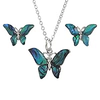Kiara Jewellery Butterfly Boxed Pendant Necklace And Stud Earring Set Inlaid With Natural Bluish Green Paua Abalone Shell on 18