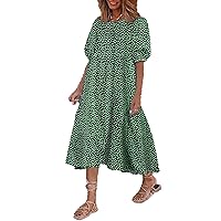 Solid Color Long Dress for Womens Linen Puff Short Sleeve Crewneck Tiered Dress Casual Loose Swing Long Maxi Dress