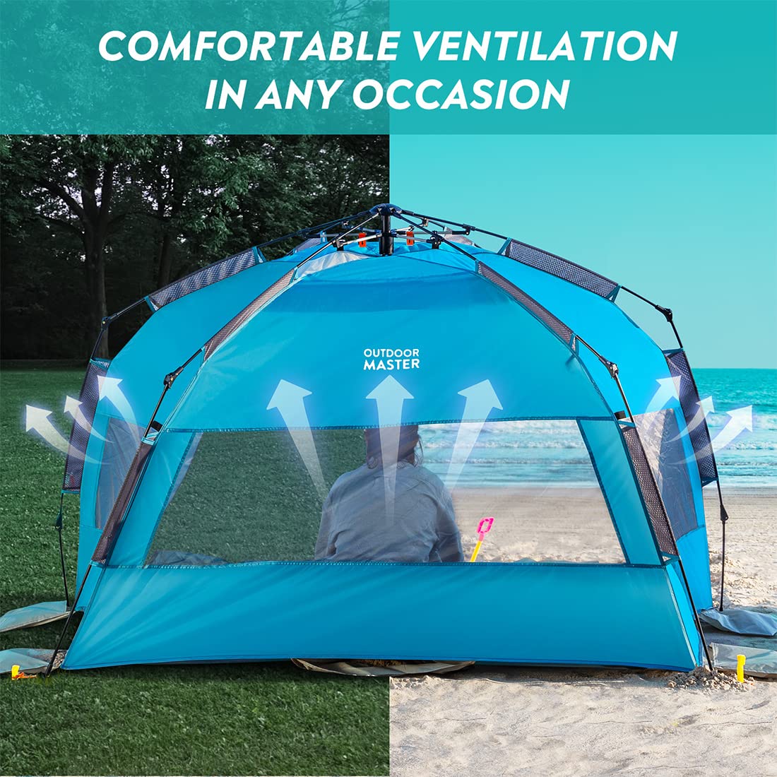 OutdoorMaster Pop Up Beach Tent for 4 Person - Easy Setup and Portable Beach Shade Sun Shelter Canopy with UPF 50+ UV Protection Removable Skylight Family Size - Blue