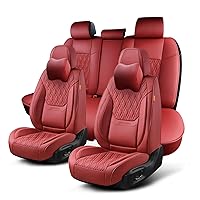 Car Seat Covers Full Set, Breathable Leather Automotive Front and Rear Seat Covers & Headrest, Universal Automotive Vehicle Seat Cover for Most Sedan SUV Pick-up Trucks, Wine Red