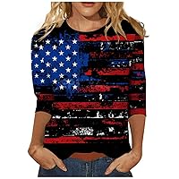 Fourth of July Shirts for Women: Plus Size Independence Day 3/4 Sleeve Patriotic Casual Tops - Spring Summer