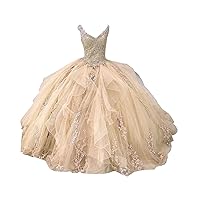 Mollybridal V Neck Ball Gown Quinceanera Dresses with Train Puffy for Women Teen Prom Sweet 15 Dress Flowers