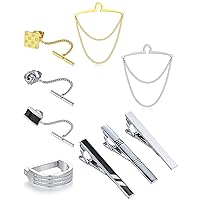 Tornito 9Pcs Tie Clips Tie Ring for Men Square CZ Tie Tacks Clutch with Chain Necktie Silver Black Gold Tie Clips Link Chain for Wedding Meeting Business Anniversary Tie Pin Clips