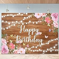 Happy Birthday Backdrop for Women Rustic Wooden Floor Glitter Lights Pink Floral Butterfly Birthday Photo Background Birthday Party Decor Supplies Happy Birthday Photography Backdrop 7x5Ft