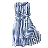 Women's 2024 Summer Dress 3/4 Sleeve V Neck Collared Midi Dreeses Swing Fashion Print Loose Casual Dresses