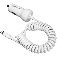 Amazon Basics Coiled Cable Lightning Car Charger - 5V 12W - 1.5-Foot, White, 5-Pack