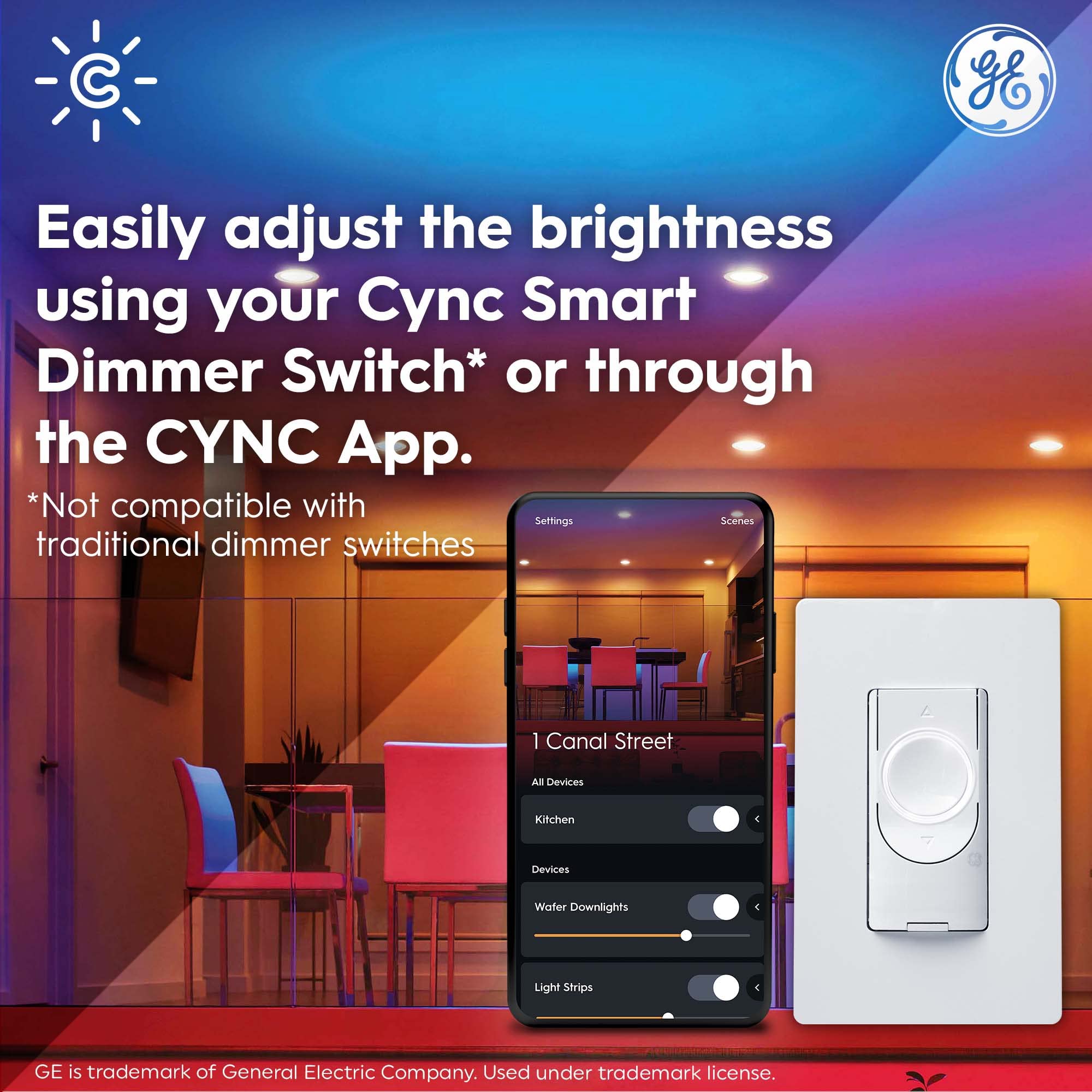 GE CYNC Smart LED Wafer Downlight Fixture, Reveal + Full Color, 6 Inches, Bluetooth and Wi-Fi, Works with Alexa and Google Home