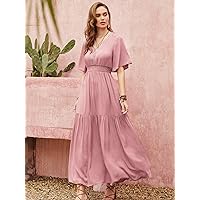 Dresses for Women - Solid Contrast Lace Ruffle Hem -line Dress (Color : Dusty Pink, Size : Large)