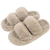 Women's Fuzzy Slippers with Two Band, Comfy Plush House Slippers for Indoor Outdoor, Fluffy Open Toe Slide Chic Gift Slippers for Women