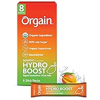 Orgain Organic Hydration Packets, Electrolytes Powder - Mango Hydro Boost with Superfoods, Gluten-Free, Soy Free, Vegan, Non GMO, Less Sugar than Sports Drinks, Travel Packets, 8 Count