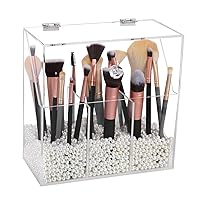 Acrylic Makeup Brush Holder, Clear Cosmetic Brush Storage Box 3 Brush Holders, Makeup Brush Case with Dust Cover, Large-Capacity Split Design for Organize the Vanity Desk (No pearl and brush)