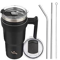 20oz Tumbler with Handle and 2 Straw 2 Lid, Insulated Water Bottle Stainless Steel Vacuum Cup Reusable Travel Mug,Black