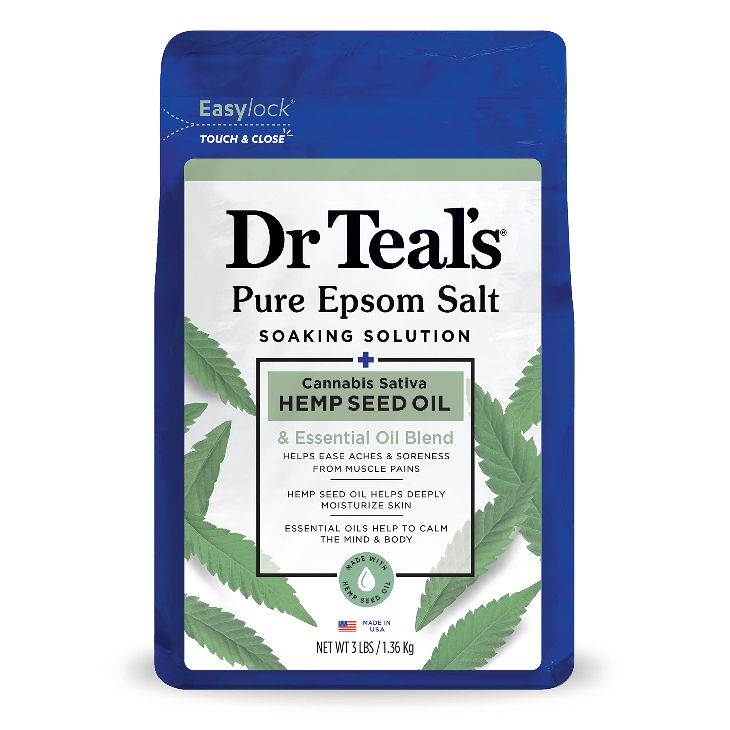 Dr Teal's Pure Epsom Salt Soak, Cannabis Sativa Hemp Seed Oil with Essential Oil Blend, 3 lbs (Packaging May Vary)
