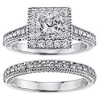 1.31 CT TW GIA Certified Square Halo Princess Cut Diamond Engagement Bridal Set in Platinum