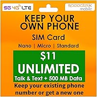$11 Wireless Plan | Unlimited Talk & Text + 500 MB Data | 30 Days Wireless Service Cell Plan for 5G/4G LTE Smart Phones and Cellphones Triple Cut (Mini,Micro,Nano) 3 in 1 GSM Sim Card